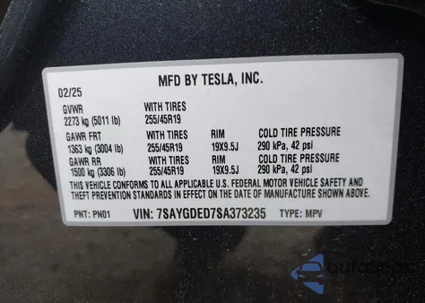 2025 Tesla Model Y Long Range Dual Motor All-Wheel Drive from USA, damaged, VIN 7SAYGDED7SA373235